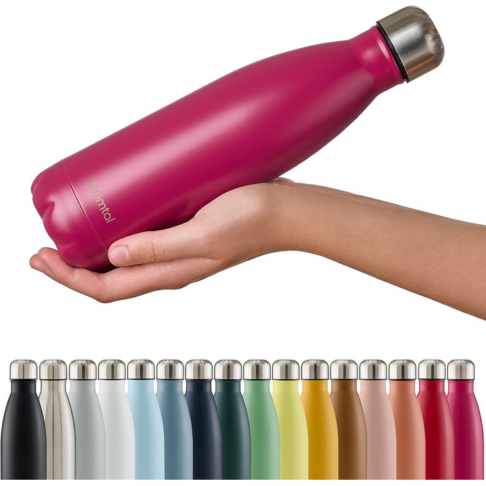 Пляшка для води Blumtal з нержавіючої сталі - Герметична ізольована пляшка - Пляшка для води без бісфенолу А для гарячих та холодних напоїв - Двостінна ізольована пляшка - Ізоляційна пляшка, стійка до іржі, дерево/срібло (15 - Ягідний - Рожевий, 350 мл)