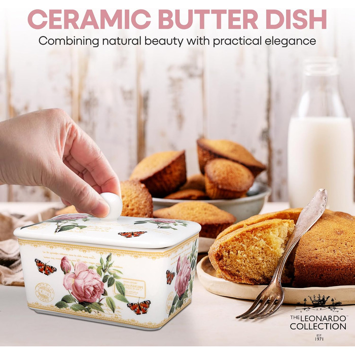 Маслянка з кришкою, китайська кераміка, з гарними акварельними мотивами, розроблена галереєю Дженніфер Роуз для Busy Bee (Redoute Rose)