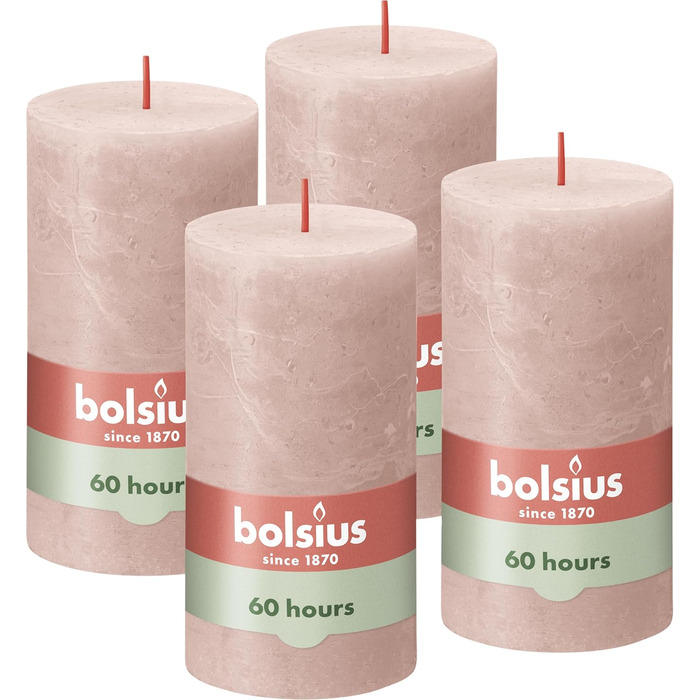 Свічки Bolsius Rustic Pillar - Оливково-зелені - Набір з 4 шт. - Декоративні побутові свічки - Час горіння 60 годин - Без запаху - Натуральний рослинний віск - Без пальмової олії - Оливково-зелені (13 x 7 см, світло-рожеві)