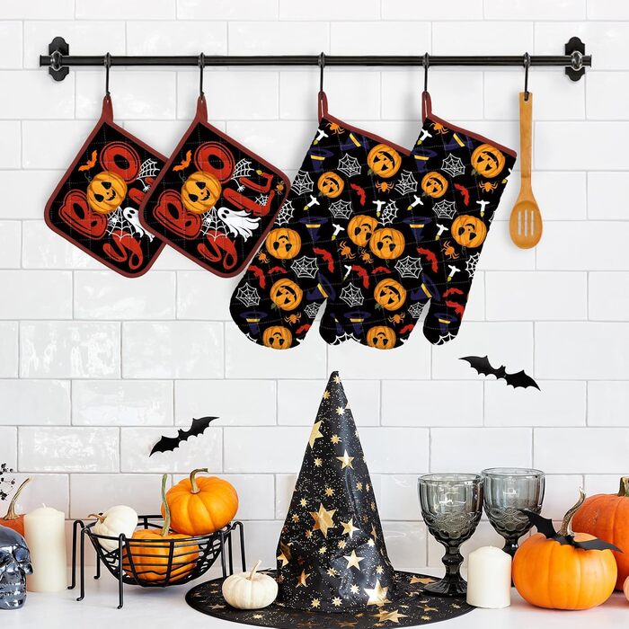 Набір з 2 кухонних рукавичок та підставок для каструль Arquiel Gnome Autumn Orange Checked, 100 бавовняні кулінарні рукавички, термостійкі кухонні рукавички для приготування їжі, осінній декор, подарунки на кухню для жінок (Хелловін, 2 кухонні рукавички 2