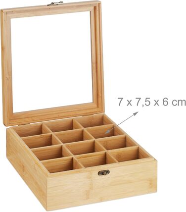 Чайна коробка Relaxdays, 12 відділень, бамбук, ВxШxГ 9,5 x 26,5 x 28,5 см, для чаю та кави в капсулах, контейнер для чаю з кришкою, натуральний колір