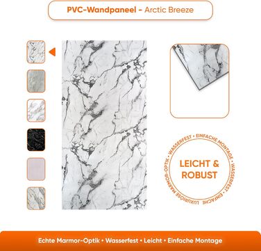 Стінові панелі IZODEKOR під мармур 60x120 см Панель для кухонного фартуха ПВХ-облицювання стін для кухні, ванної кімнати Бризкозахисний екран для кухні Водонепроникний та термостійкий (4 панелі 4 монтажних клею, Arctic Breeze)