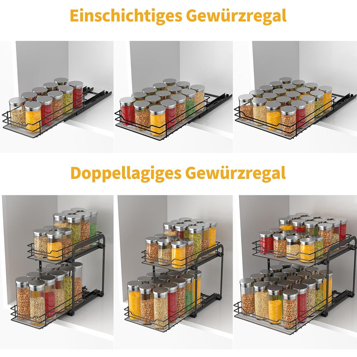 Підставка для спецій розсувна, шафа-органайзер для кухні, 2 полиці для зберігання спецій, верхній і нижній кошики можна висувати окремо, регулюється по висоті для більшості кухонних шаф (одношарові/22,2 см Ш x 26,4 см Г x 5.6cm В)