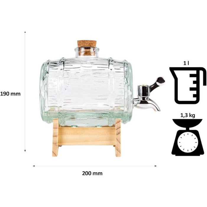 Стеклянный диспенсер в форме бочки с краном 1л SUPERBUTELKI.PL