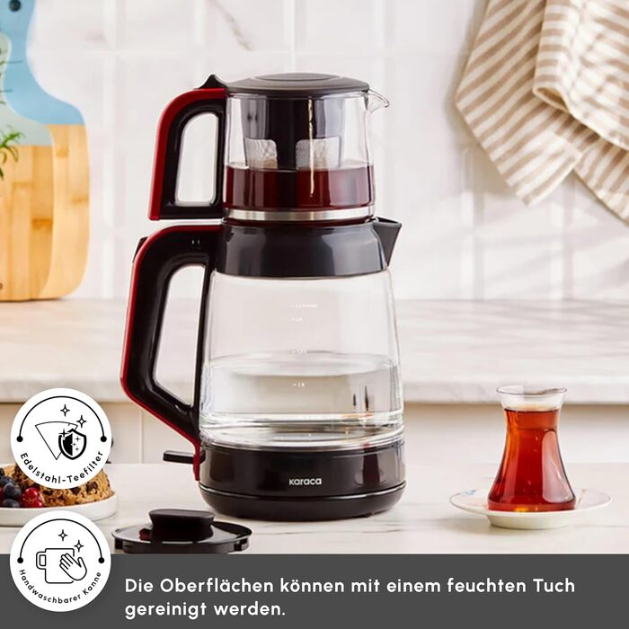 Чайник-чайник Karaca Glass Tea XL 2-в-1, колір сірий космос, скляний чайник обємом 0,9 л, скляний чайник обємом 2,2 л, основа, що обертається на 360, функція автоматичного підігріву, без BPA, потужність 1900 Вт (червоний)