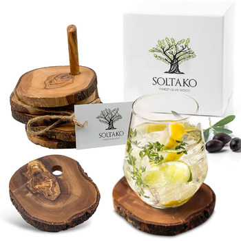 Подставки SOLTAKO из высококачественного оливкового дерева, натуральные и необработанные, в деревенском стиле, круглые, диаметр ок. 12 см, в комплекте, 6 шт. (рустик)