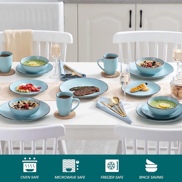 Столовый сервиз из керамогранита, набор посуды vancasso MODA, винтажный вид, комбинированный сервиз из 40 предметов с 8 тарелками, тарелками для тортов, суповыми тарелками, мисками и чашками каждая (синий, 16 шт. комбинированный сервиз)