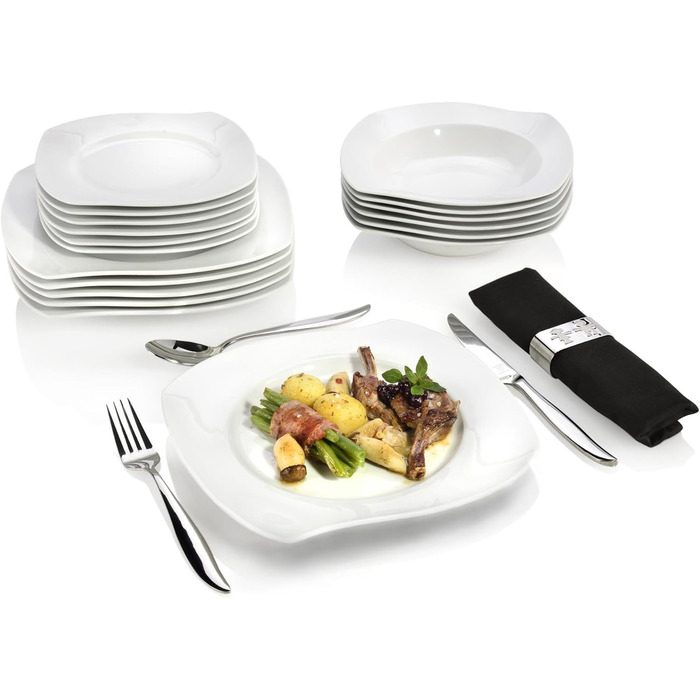 СПІВАЧКА Обідній сервіз Avalon в білому кольорі, набір посуду на 6 персон з 18 предметів з порцеляни, тарілка вигнута Столовий сервіз 18 шт.