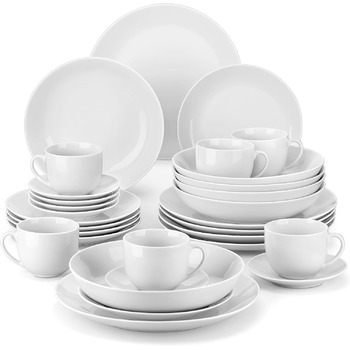Серія Amelia, порцеляновий набір посуду на 6 персон, порцеляновий столовий сервіз, білий комбінований сервіз преміум-класу, з 6 обідніми тарілками, 6 тарілками для тортів, 6 глибокими тарілками та 6 мисками кожна. Набір посуду на 6 (30, білий)