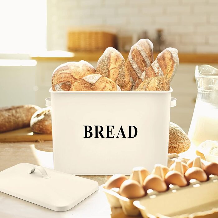 Хлібниця Herogo er, дуже велика металева хлібниця для кухні, вінтажна висока тримач для хліба з кришкою, компактний контейнер для зберігання хліба для стільниці, вміщує 2 хліби, 33 x 24,5 x 19 см (кремовий колір)
