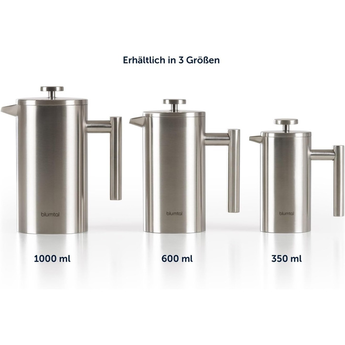 Френч-прес Blumtal з нержавіючої сталі 350 мл (2 чашки) - Двостінна ізольована термокавоварка з мірною шкалою, включаючи змінний фільтр та інструкцію, можна мити в посудомийній машині, доступна в 3 розмірах (кава 600 мл)