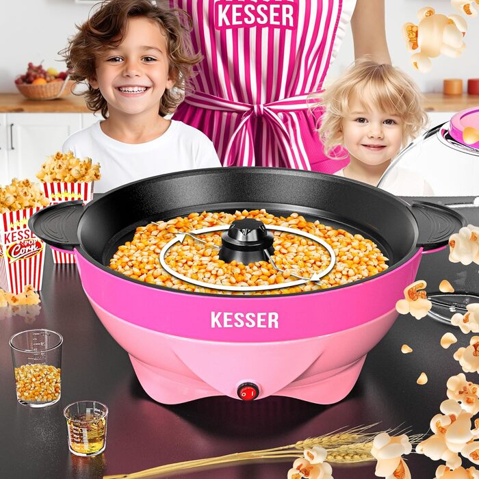 Велика машина для попкорну KESSER 800 Вт Машина для попкорну об&39ємом 5,5 л з кришкою з антипригарним покриттям та сервірувальною мискою для олії, вершкового масла, цукру, тиха та швидка, в комплекті мірна чашка та чашка для попкорну, знімна нагрівальна