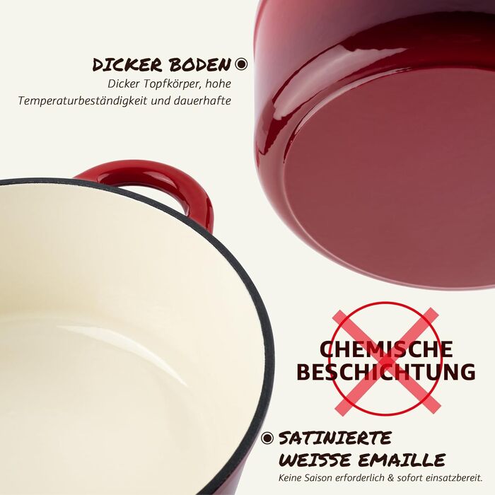 Чавунна форма для запікання Overmont Enamel - 26 см, придатна для використання в духовці, з кришкою та кулінарною книгою - для випікання, тушкування, запікання, білого кремового кольору (26 см-5,2 л, червоного кольору)