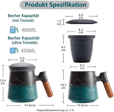 Чайна кружка з кришкою та ситечком, 500 мл велика дерев'яна кружка з градієнтним рельєфним візерунком, матові керамічні чайні чашки з ситечком для чайних подарунків, чорно-зелені (05-чорна та зелена морська хвиля)