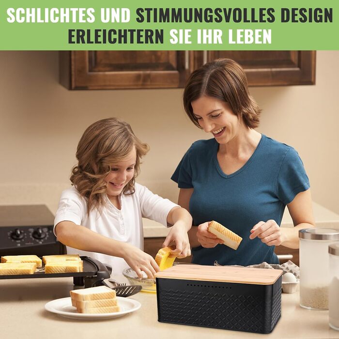 Хлібниця 33 x 19 x 12 см з дерев'яною кришкою та лляним хлібним мішком, чорна Royouzi