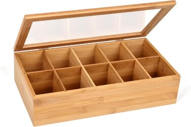 Бамбукова чайна коробка GRWE з 10 відділеннями, кришкою на петлях, оглядовим віконцем, коробка для чайних пакетиків для зберігання чаю з захистом від аромату - 36 x 20 x 9 см Бамбук, велика - 10 відділень