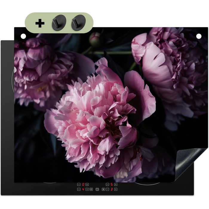 Фартух для плити, кухонний фартух, вініл, 78x52 см, декор для кухні, облицювання стіни, кришка для плити - сіро-чорна (квіти - рожеві, 52Д x 65Ш см)