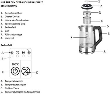 Скляний чайник Emerio WK-122248 ПЕРЕМОЖЕЦЬ ТЕСТІВ з повністю автоматичним чайним ситечком 1.3 класу, боросилікатне скло, без BPA, об&39єм 1.7 л, вибір температури, 2200 Вт, чорний/срібний (ручний)