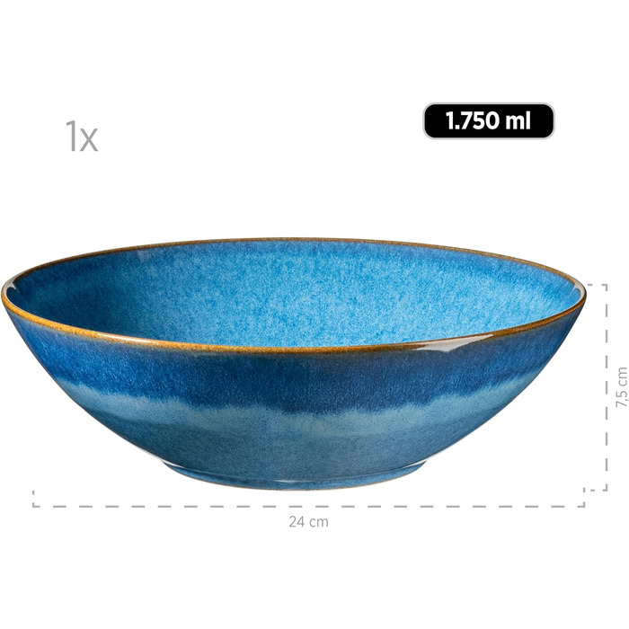 Набор из 7 керамических мисок, 1 большая чаша и 6 мисок для салатов, мюсли, супов или пасты, с винтажной глазурью синего цвета, керамогранит, королевский синий, 931947 Series Ossia
