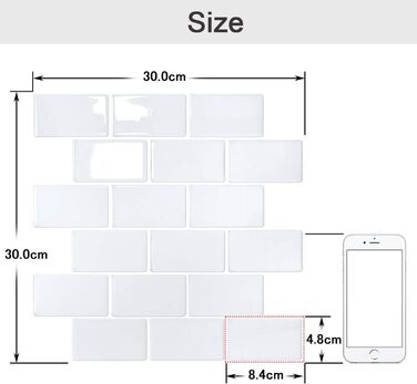 Штук 3D наклейки на плитку для ванної кімнати кухні, клейка вінілова плитка, самоклеюча плівка для плитки, стінові панелі, ПВХ, плитка Metro, самоклеючий декор плитки 30x30, декор настінної плитки (10, білий)