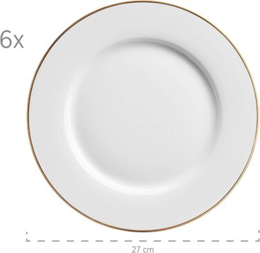 Професійний набір обідніх тарілок на 6 персон у білому кольорі із золотим обідком, обідній сервіз із 12 предметів, порцеляновий сервіз із золотим обідком, 931533