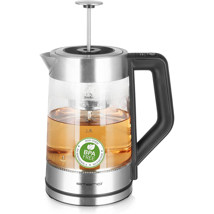 Скляний чайник Emerio WK-122248 ПЕРЕМОЖЕЦЬ ТЕСТІВ з повністю автоматичним чайним ситечком 1.3 класу, боросилікатне скло, без BPA, об&39єм 1.7 л, вибір температури, 2200 Вт, чорний/срібний (ручний)