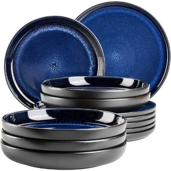 Сучасний набір посуду на 6 персон у захоплюючому вінтажному образі, сервіз посуду для сніданку з 18 предметів з кераміки сірого та чорного кольорів, керамограніт (набір тарілок 12 шт., синій), 934020 Series Niara