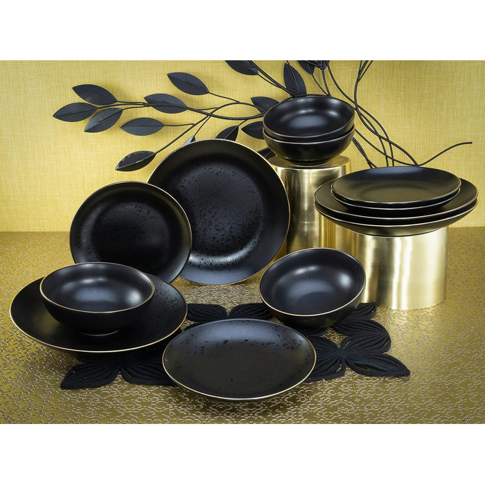 Набір посуду промислової серії з 16 предметів, комбінований набір керамограніту (золотий чорний, набір тарілок 12 предметів), 22699