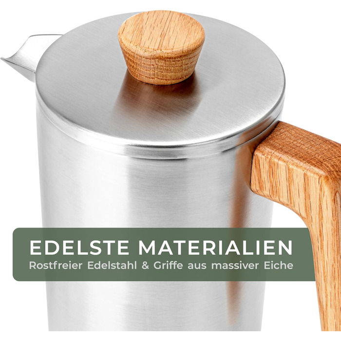 Френч-пресс 1 л из нержавеющей стали и ручкой из дубового дерева WALDWERK