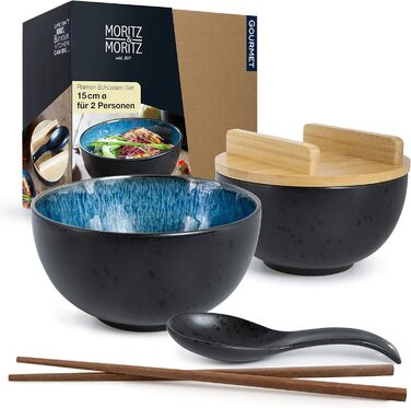 Набір Ramen Blue Reactive, включаючи кришку та ложкуНабір чаш для рамену на 4 особи для супу, фо та суші (2 шт. миска), 4 шт.