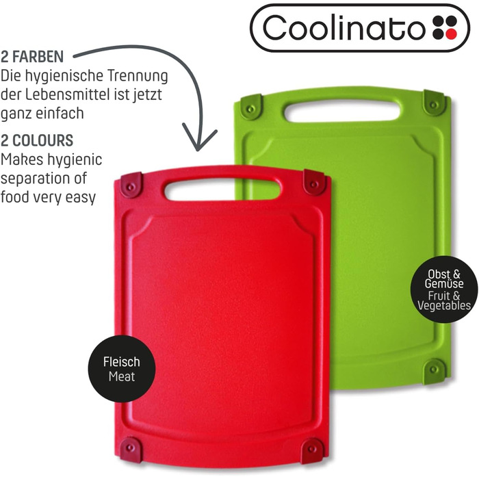 Набір обробних дощок Coolinato, 3 шт., різні розміри, антибактеріальні дошки з жолобком для збору рідини, 3 кольори для гігієнічного розділення продуктів (2 шт. зелені та червоні)