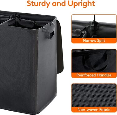 Кошик для білизни Lifewit з кришкою 2 відділення, збірник для білизни з 2 знімними мішками для білизни, складні кошики для білизни Кошики для білизни Коробка для білизни Тканинні кошики для білизни для ванної кімнати Спальня, (105 л, чорний)