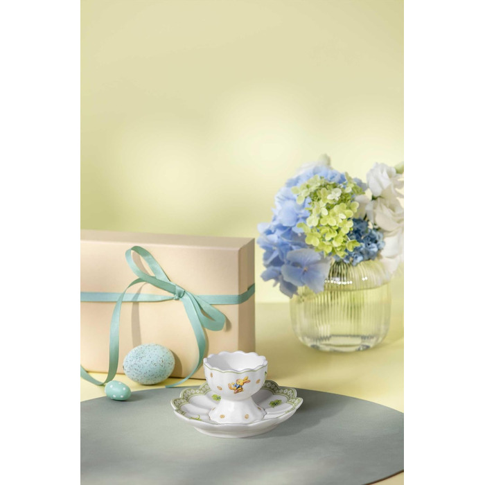 Набір для сніданку &quotВеликодня насолода&quot для 2 осіб, 6 предметів, зелений, Великодній набір з обідніми тарілками, кухлями та мисками для пластівців, Великодні керамічні тарілки, чашки та миски, преміум-порцеляна (Набір чашок для яєць 6 осіб)