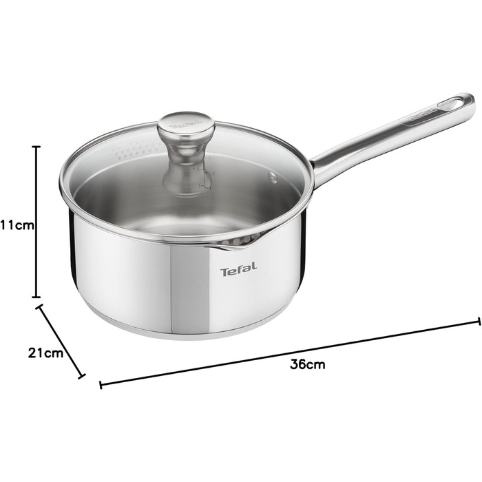 Каструля Tefal Duetto A70542 виготовлена з високоякісної нержавіючої сталі 18/10, градуйована, з кришкою, підходить для всіх типів плит, включаючи індукційні (Guisera 16 см)