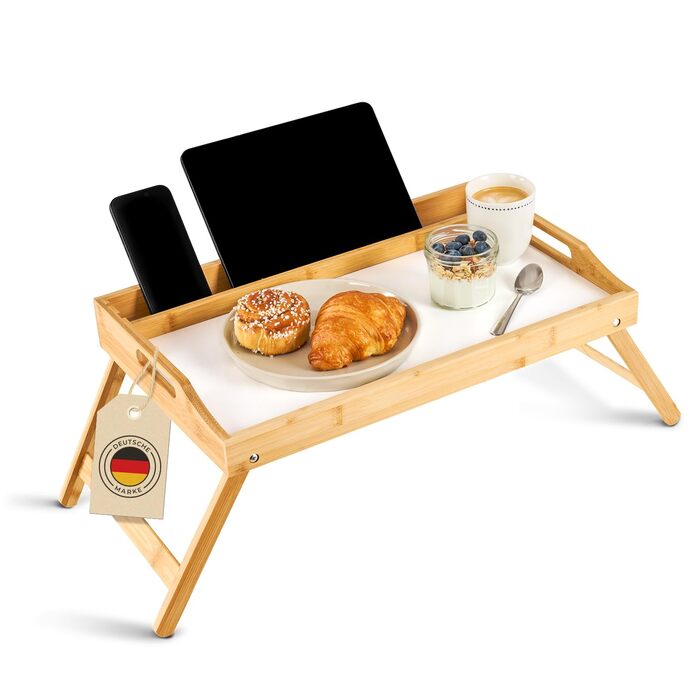 Бамбуковий піднос Blumtal з дерев&39яною підставкою для планшетів/телефонів - Піднос для сніданку для ліжка - Складаний столик для ліжка 50 x 30 x 6 см - Столик для ноутбука для дивана - Міцний піднос для дивана, білий