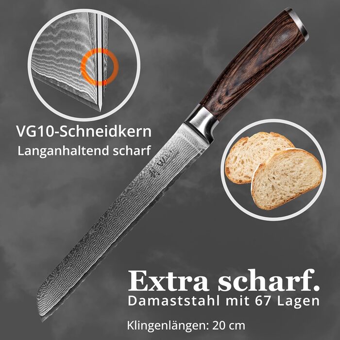 Хлебный нож из дамасской стали Wakoli