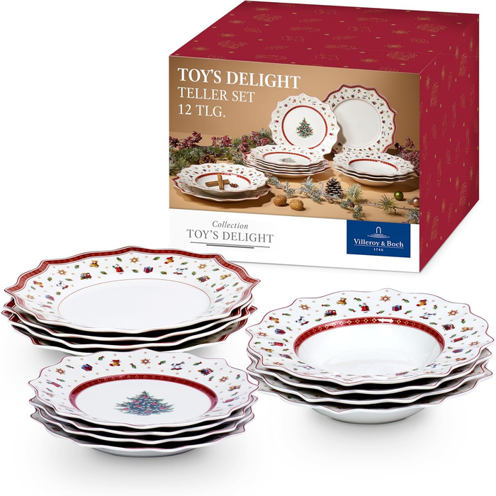 Різдвяний обідній сервіз Toy&39s Delight, 12 предметів, набір різдвяних тарілок, іграшки, різдвяний посуд, різдвяний сервіз для 4 осіб, обідні тарілки, тарілки для супу, тарілки для сніданку, набір порцелянових тарілок, 12 предметів, асортимент білих/коль