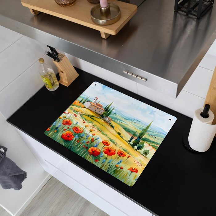 Фартух для плити, кухонний фартух, вініл, 78x52 см, декор для кухні, облицювання стіни, кришка для плити - сіро-чорна (квітковий пейзаж, 52Д x 65Ш см)