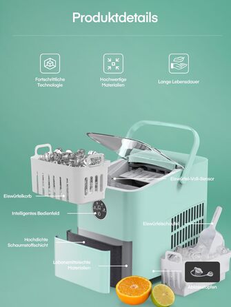 Льодогенератор FOHERE 14 кг 24 години, 8 кубиків льоду за 6 хвилин, 2 розміри кубиків льоду, самоочисний льодогенератор з ручкою, льодосборником та кошиком, льодогенератор для вечірки, офісу, автофургона (м&39ятно-зелений)