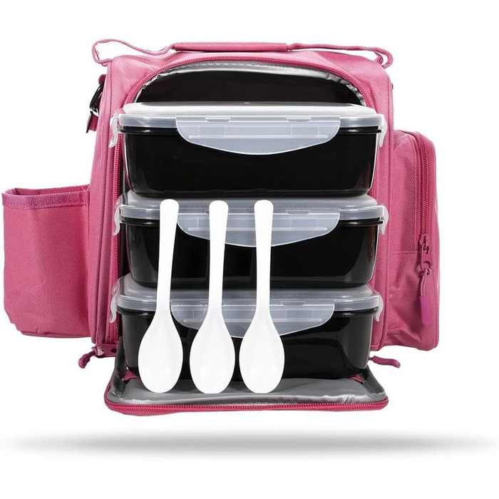 Сумка для приготування їжі GymBeam FIT Prep - Невелика сумка-холодильник з 3 міцними контейнерами, ложками та гелевими пакетами, практична сумка-холодильник для подорожей з регульованим плечовим ременем та бічною кишенею (рожева)