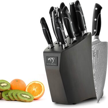 Набір кухонних ножів Damast 9er з блоком для ножів з бука, професійні кухарські ножі, набір кухонних ножів VG10 з гострими лезами (дуб)