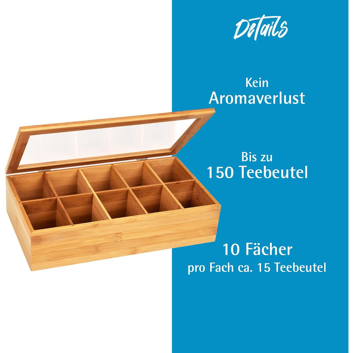 Бамбукова чайна коробка GRWE з 10 відділеннями, кришкою на петлях, оглядовим віконцем, коробка для чайних пакетиків для зберігання чаю з захистом від аромату - 36 x 20 x 9 см Бамбук, велика - 10 відділень