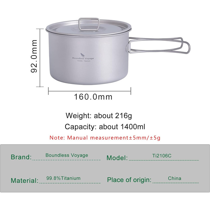 Безмежна подорож 1,4 л 1,6 л 2,4 л маленька титанова головка зі складними ручками легкий кемпінговий трекінговий набір Stockpot Кухонне приладдя (Ti2106C 1,4 л )