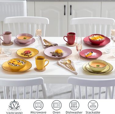 Столовый сервиз из керамогранита, набор посуды vancasso MODA, винтажный внешний вид, комбинированный сервиз из 40 предметов с 8 тарелками, тарелками для тортов, суповыми тарелками, мисками и чашками каждая (красочный, 20 шт.)