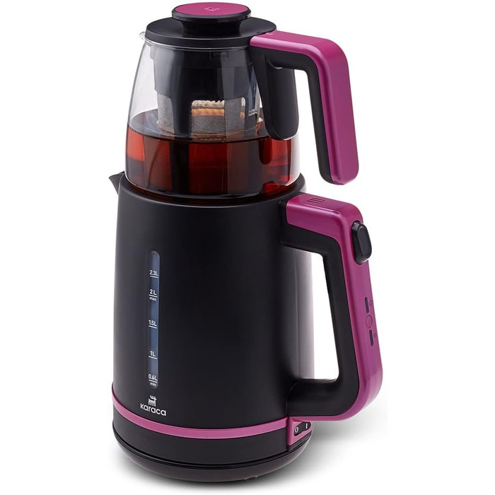 Чайник Karaca Maxi Tea XL 2-в-1 зі скляним чайником та заварником, чайник 1,25 л, резервуар для води 2,3 л, 1700 Вт, основа, що обертається на 360, скляне ситечко для чаю, функція автоматичного підігріву (малина)