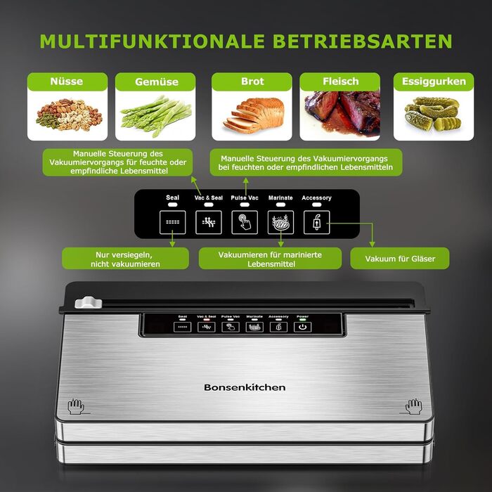Вакуумний пакувальник з 5 режимами 8 л/хв, 125 Вт Bonsenkitchen