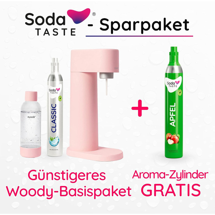 Набор для газирования воды, 4 предмета, классик + яблоко, розовый Mysoda Woody SodaTASTE