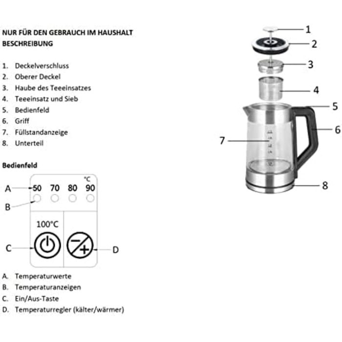 Скляний чайник Emerio WK-122248 ПЕРЕМОЖЕЦЬ ТЕСТІВ з повністю автоматичним чайним ситечком 1.3 класу, боросилікатне скло, без BPA, об&39єм 1.7 л, вибір температури, 2200 Вт, чорний/срібний (ручний)