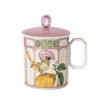 Кружка с ручкой и крышкой 0,39 л Королевская мухоловка в розовой рамке, IDYLLIA Swarovski x Rosenthal