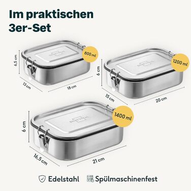 Набір з 3 ланч-боксів 800, 1200 та 1400 мл, нержавіюча сталь Silberthal